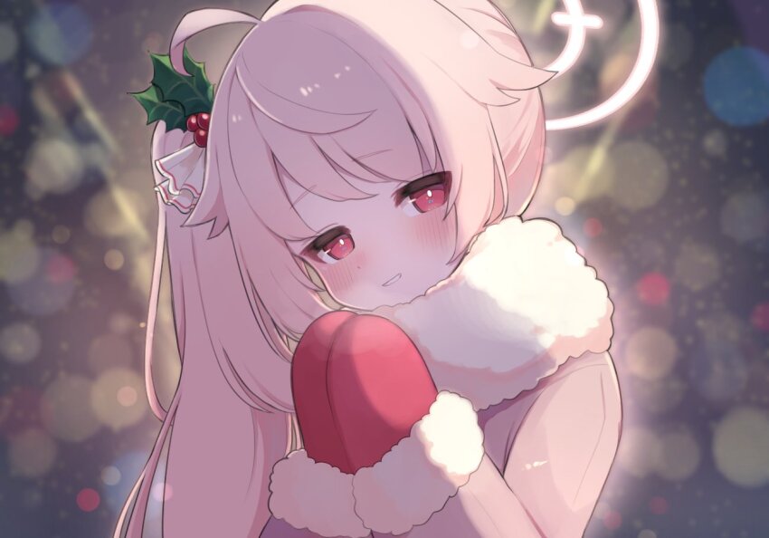 1girl ahoge blue_archive blurry bokeh bright_pupils commentary depth_of_field english_commentary fur-trimmed_sleeves fur_scarf fur_trim hair_ornament halo jacket long_hair long_sleeves looking_at_viewer mistletoe_hair_ornament mittens natsu_(blue_archive) own_hands_together parted_lips pink_halo pink_jacket red_eyes red_mittens scarf side_ponytail smile solo tonikaku_kaku upper_body white_pupils white_scarf