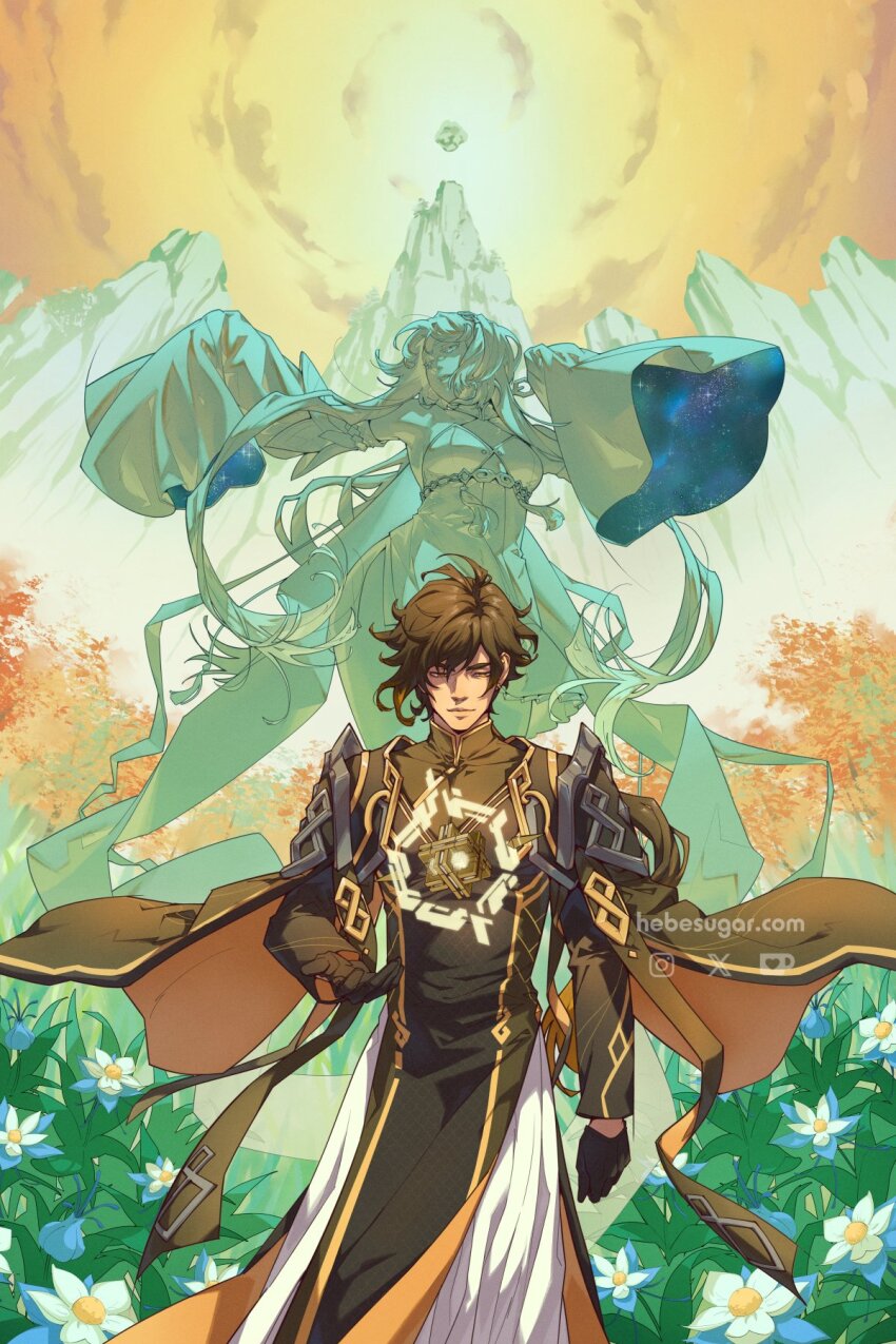 1boy 1girl black_gloves brown_hair changpao chinese_clothes chinese_hairpin detached_sleeves genshin_impact glaze_lily gloves guizhong_(genshin_impact) hair_between_eyes hair_ornament halter_leotard halterneck hanfu hebe_sugar highres leotard long_hair long_sleeves mandarin_collar memory_of_dust_(genshin_impact) mountain multicolored_hair official_alternate_costume outdoors short_hair_with_long_locks sky sleeves_past_fingers sleeves_past_wrists statue tassel tassel_hair_ornament tree yellow_eyes zhongli_(genshin_impact) zhongli_(lantern_rite)_(genshin_impact)