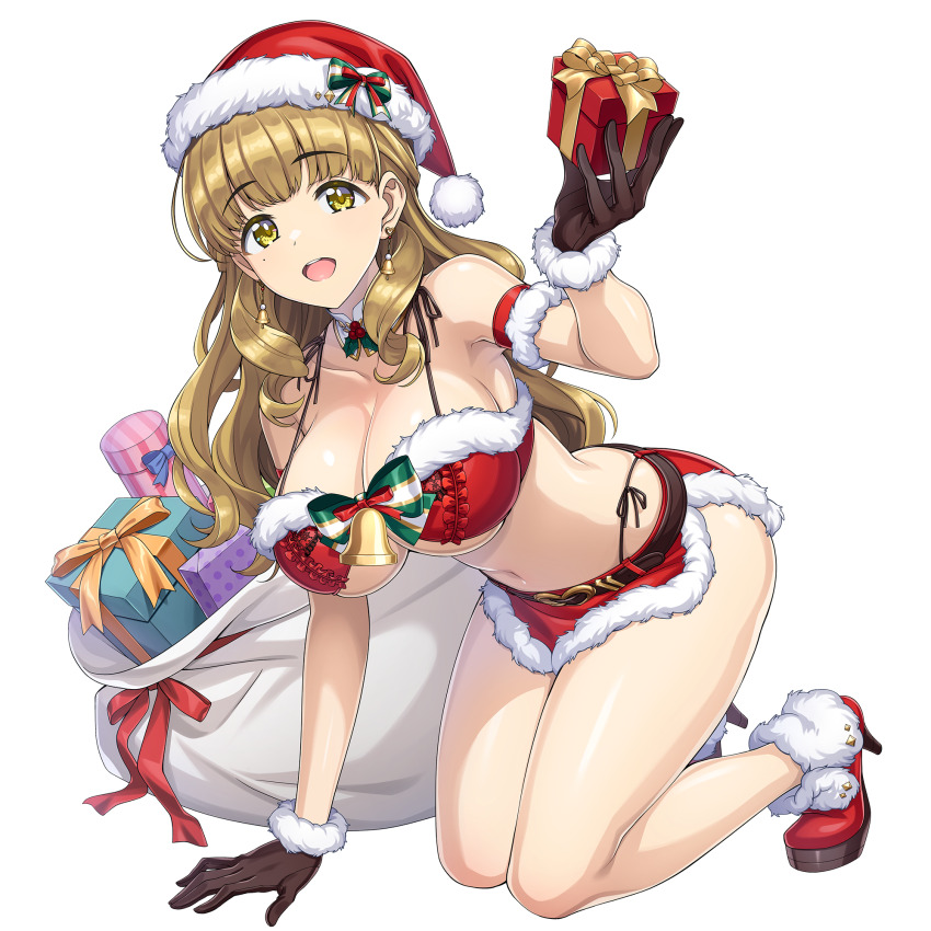 1girl ayato_utae bell bikini blonde_hair box breasts brown_gloves christmas cleavage detached_collar dolphin_wave drill_hair drill_sidelocks earrings fur-trimmed_bikini fur-trimmed_gloves fur-trimmed_headwear fur_trim game_cg gift gift_box gloves hat high_heels highres jewelry knees large_breasts long_hair looking_at_viewer merry_christmas navel non-web_source official_art ootomo_takuji open_mouth red_bikini red_hat sack santa_bikini santa_costume santa_hat sidelocks smile solo swimsuit transparent_background underboob wavy_hair yellow_eyes