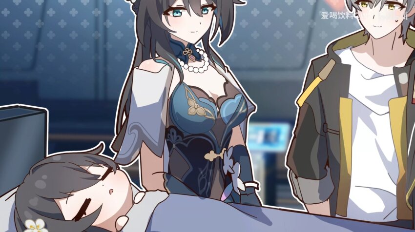 1boy 2girls adventzx1 aqua_dress bead_necklace beads black_coat caelus_(honkai:_star_rail) coat dress grey_hair highres honkai:_star_rail honkai_(series) hood hooded_coat jewelry multicolored_eyes multiple_girls necklace pearl_necklace ruan_mei_(honkai:_star_rail) trailblazer_(honkai:_star_rail) two-sided_coat two-sided_fabric two-tone_eyes yellow_coat