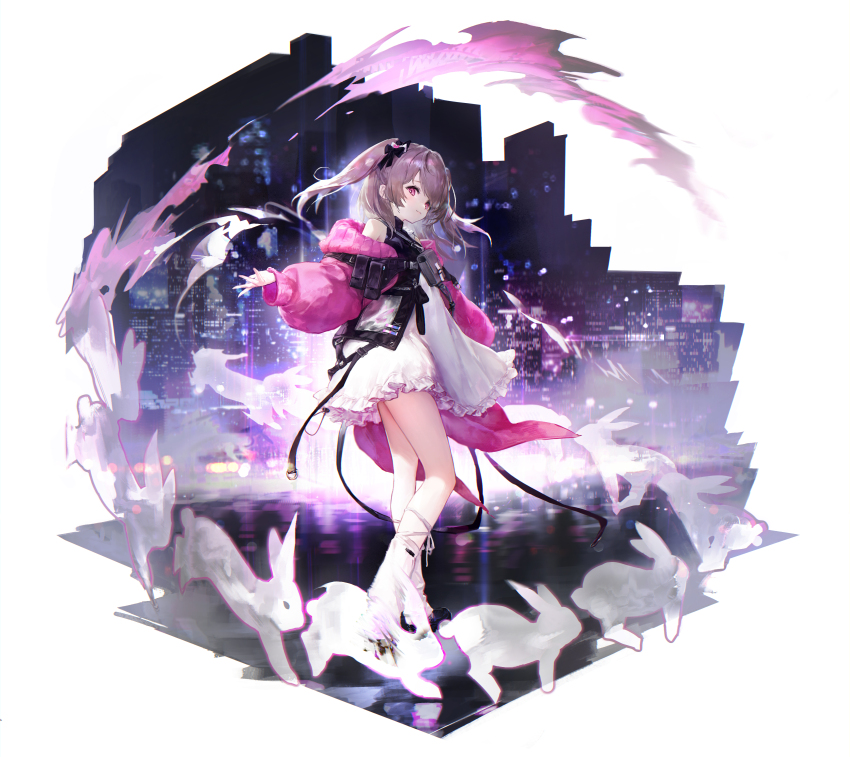 1girl absurdres closed_mouth dress full_body highres looking_at_viewer medium_hair original purple_hair rabbit red_eyes smile solo twintails white_background white_dress youngmoon_99