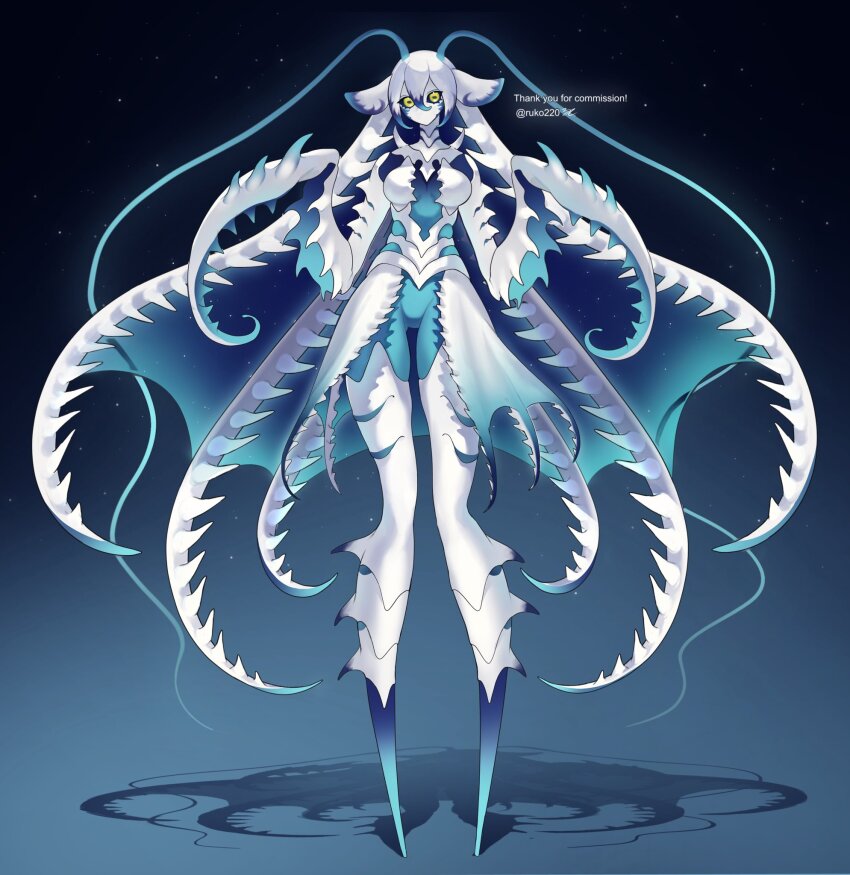 1girl antennae arthropod_girl black_sclera blue_background blue_hair blue_skin breasts carapace colored_sclera colored_skin commission full_body gradient_background hair_between_eyes hands_up highres horizontal_pupils long_hair looking_at_viewer medium_breasts monster_girl multicolored_hair multicolored_skin no_feet no_mouth original ruteko_(ruko220) shadow simple_background skeb_commission solo standing tentacle_hair very_long_hair white_hair white_skin yellow_eyes