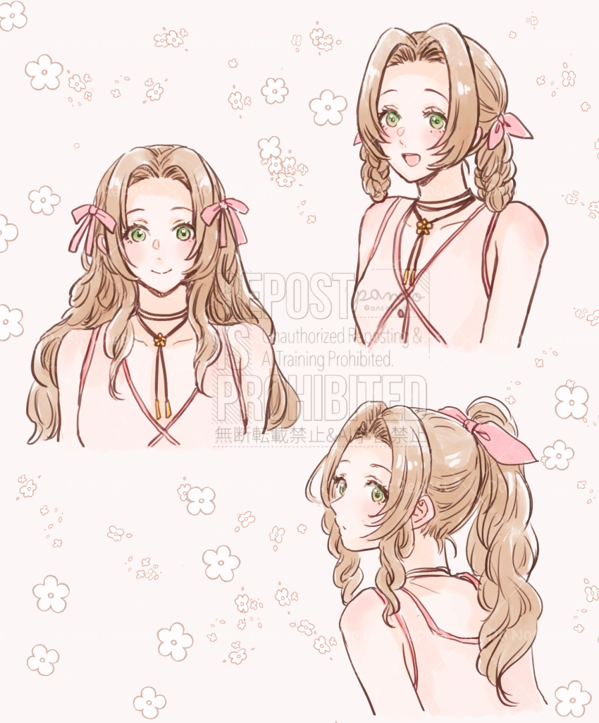 1girl aerith_gainsborough alternate_hairstyle ancotsubu artist_name bare_shoulders breasts choker closed_mouth dress final_fantasy final_fantasy_vii final_fantasy_vii_remake flower_choker green_eyes hair_ribbon highres medium_breasts multiple_views open_mouth parted_bangs pink_dress pink_ribbon ponytail ribbon sidelocks sleeveless sleeveless_dress smile solo sundress twitter_username upper_body