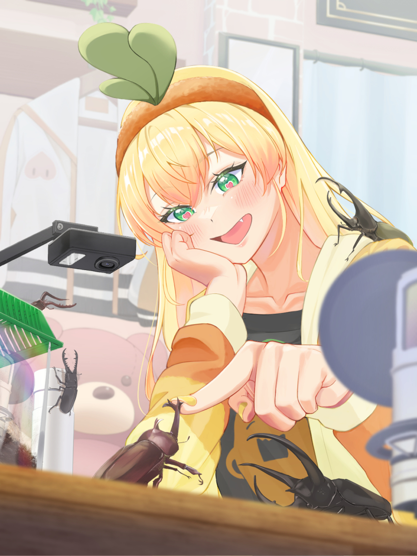 1girl black_shirt blonde_hair blurry blush bug bug_cage camera character_print collarbone commentary_request crossed_bangs depth_of_field fang green_eyes hairband hand_on_animal hand_on_own_cheek hand_on_own_face heart heart-shaped_pupils hercules_beetle highres hololive indoors jacket long_hair momosuzu_nene mu-chu nail_polish nekko_(momosuzu_nene) official_alternate_costume official_alternate_hairstyle open_mouth orange_hairband orange_jacket rhinoceros_beetle shirt sidelocks solo stag_beetle symbol-shaped_pupils virtual_youtuber yellow_nails