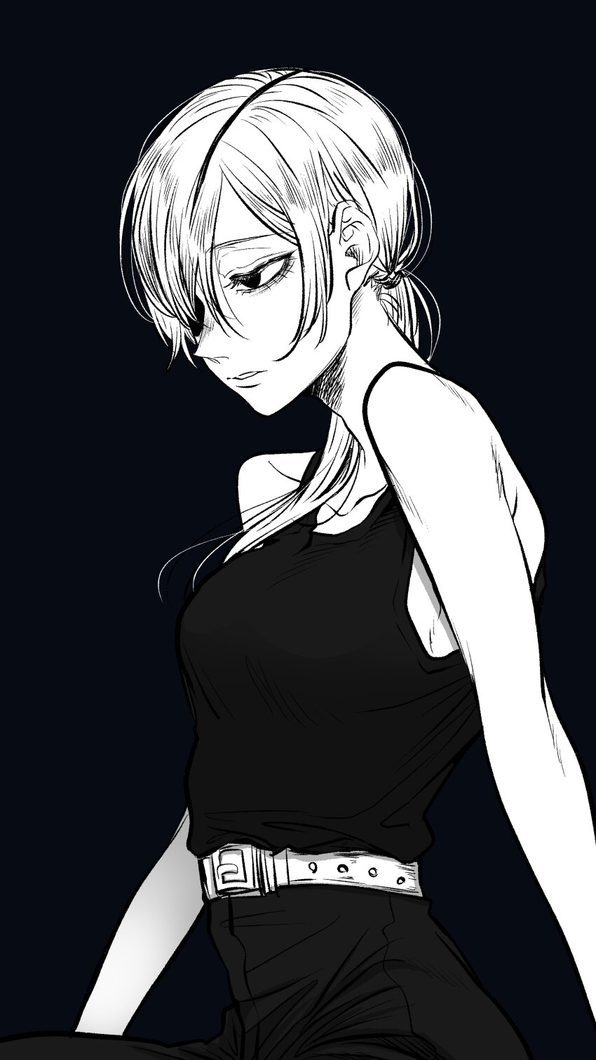 1girl absurdres belt chainsaw_man commentary_request eyepatch greyscale haru_rice highres long_hair monochrome pants parted_lips ponytail quanxi_(chainsaw_man) solo tank_top