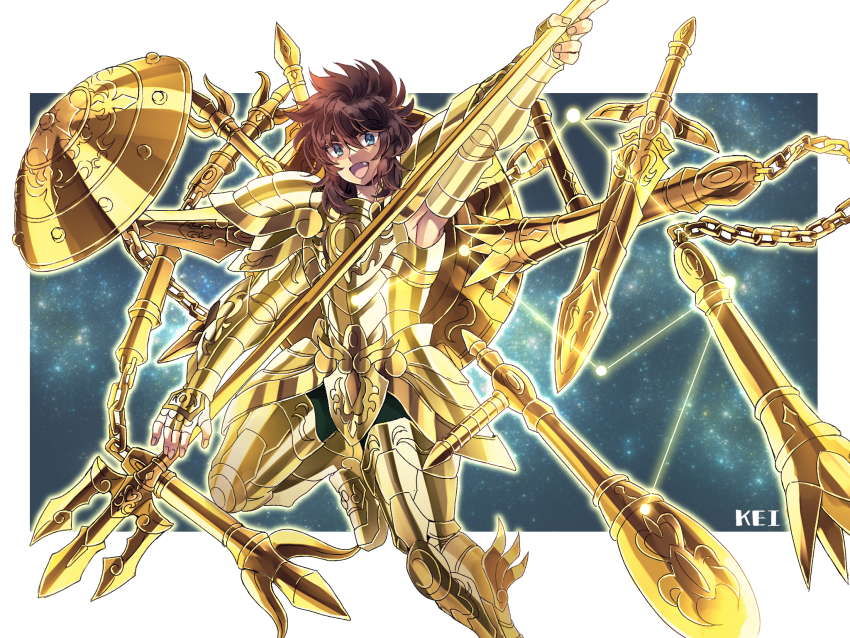1boy armor armored_boots blue_eyes boots brown_hair buckler fang full_body gauntlets gold gold_armor gold_cloth gold_saint highres holding_polearm kei_(nvew8238) knee_up leg_up libra_(constellation) libra_douko male_focus nunchaku open_mouth polearm saint_seiya shield shield_on_back short_hair smile solo star_(sky) starry_sky_background sword thigh_boots trident weapon