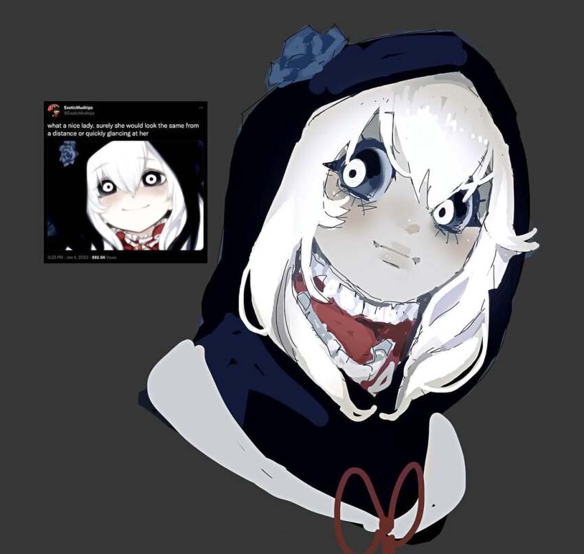 1girl ai-generated_art_(topic) blue_flower body_horror bright_pupils creepypasta cropped_shoulders extra_mouth flower grey_background hair_between_eyes hair_flower hair_ornament hood hood_up horror_(theme) jeff_the_killer jeff_the_killer_(ai-gen) long_hair looking_at_viewer medibang_paint_(medium) monster_girl open_mouth orangeartsy portrait sketch tongue white_hair white_pupils