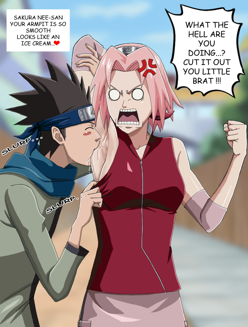 1boy 1girl absurdres angry annoyed armpit_crease armpit_sex armpits arms_behind_back arms_behind_head arms_up blue_headband colored_skin dialogue_box english_text haruno_sakura headband highres konohagakure_symbol licking naruto_(classic) naruto_(series) naruto_shippuuden pink_hair qutubuqu sarutobi_konohamaru short_hair speech_bubble standing sweat sweatdrop sweats talking white_skin