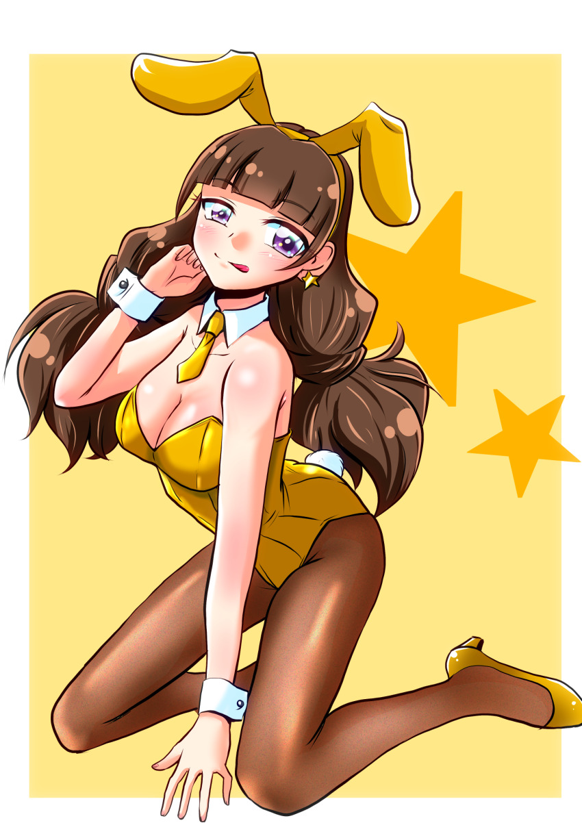 1girl :p amanogawa_kirara animal_ear_hairband animal_ears bare_shoulders blush border bow bowtie breasts brown_hair brown_pantyhose buta_obutu cleavage commentary covered_navel detached_collar fake_animal_ears go!_princess_precure hairband high_heels highres kneeling leotard long_hair looking_at_viewer medium_breasts pantyhose playboy_bunny precure purple_eyes rabbit_ear_hairband rabbit_ears shoes solo strapless strapless_leotard tongue tongue_out traditional_bowtie white_border white_wrist_cuffs wrist_cuffs yellow_background yellow_leotard yellow_shoes
