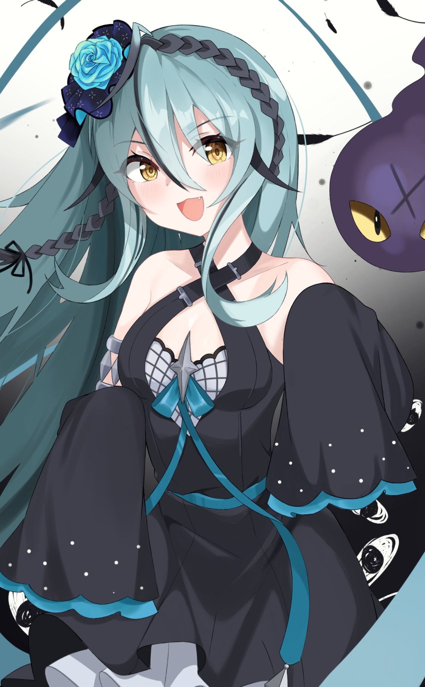 1girl absurdres black_dress black_hairband blue_flower blue_hair breasts dress fang flower ghost gradient_background hair_between_eyes hair_flower hair_ornament hairband highres long_hair long_sleeves looking_to_the_side nijisanji nijisanji_kr open_mouth ryu_hari ryuryuyangyang sleeves_past_fingers sleeves_past_wrists small_breasts smile solo virtual_youtuber yellow_eyes
