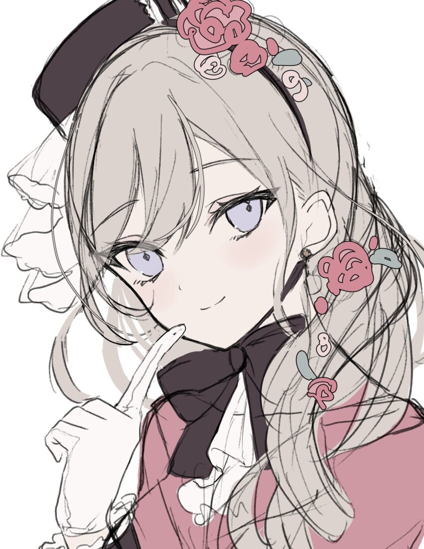 1girl bad_id bad_twitter_id closed_mouth flower gloves grey_hair hair_flower hair_ornament highres index_finger_raised jacket looking_at_viewer pink_jacket purple_eyes satsuki_(miicat) simple_background sketch smile solo white_background white_gloves
