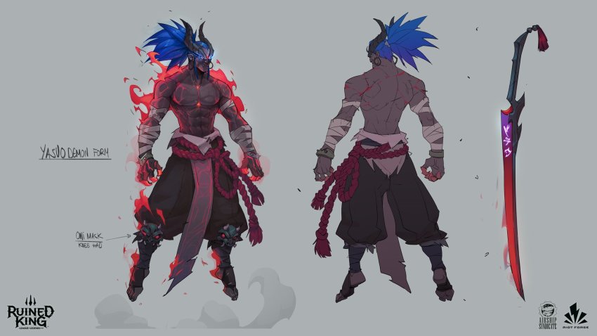 1boy abs bandaged_arm bandages black_skin blue_eyes blue_hair brown_pants character_name collarbone colored_skin commentary copyright_name earrings english_commentary english_text fire from_behind full_body glowing glowing_eyes hicham_habchi highres horns jewelry league_of_legends male_focus multiple_views navel pants ruined_king:_a_league_of_legends_story sword toeless_footwear topless_male weapon yasuo_(league_of_legends)