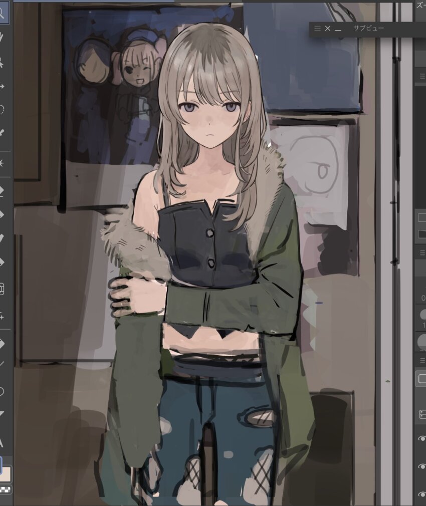 1girl art_program_in_frame black_shirt blue_pants closed_mouth fishnet_pantyhose fishnets fur_trim girls_band_cry green_jacket grey_eyes grey_hair highres holding_own_arm jacket kawaragi_momoka long_hair looking_at_viewer maoyasumisumi multicolored_hair open_clothes open_jacket pants pantyhose pantyhose_under_pants roots_(hair) shirt solo unfinished