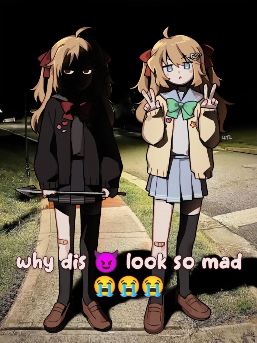2girls 472pis :&lt; ahoge asymmetrical_legwear bandaid bandaid_on_knee bandaid_on_leg black_cardigan black_skirt black_sky black_socks black_thighhighs blue_eyes blue_sailor_collar blue_skirt blush_stickers bow bowtie brown_footwear brown_hair cardigan closed_mouth commentary crying_emoji demon_emoji double_v emoji english_text evil_neuro-sama face_in_shadow full_body green_bow green_bowtie grey_sailor_collar grey_shirt hair_ornament hair_ribbon hairclip harpoon heart heart_hair_ornament heart_pin highres holding holding_harpoon holding_weapon indie_virtual_youtuber jitome loafers long_sleeves looking_at_viewer meme multiple_girls neuro-sama night outdoors photo-referenced pleated_skirt red_bow red_bowtie red_eyes red_ribbon ribbon road sailor_collar shaded_face shirt shoes sidewalk signature single_sock single_thighhigh skirt sky socks standing star_pin symbol-only_commentary thighhighs uneven_legwear v virtual_youtuber weapon white_shirt why_dis_ninja_look_so_mad_(meme) yellow_cardigan