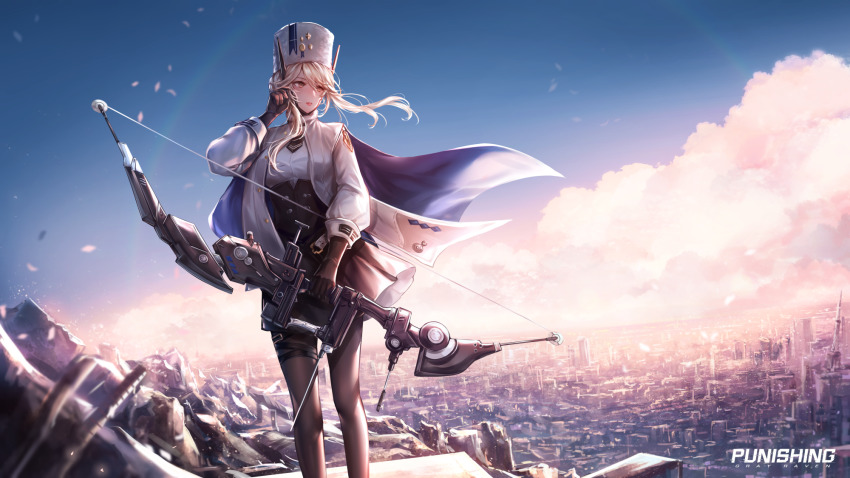 1girl bianca:_zero_(pgr) bianca_(pgr) black_gloves black_leggings blonde_hair blue_cape bow_(weapon) cape city cityscape cloud gloves highres holding holding_bow_(weapon) holding_weapon jacket leggings necktie official_art pantyhose punishing:_gray_raven scenery short_necktie sidelocks sky standing thigh_strap weapon white_headwear white_jacket yellow_eyes yuli_(yulipo)