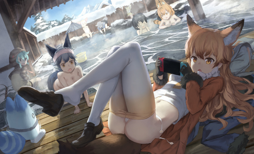 0_0 10s 6+girls :o animal_ears aqua_hair arm_support ass bathing bikini black_gloves black_hair blonde_hair bow bowtie breasts brown_eyes brown_footwear brown_hair bucket cleavage clothes_lift clothes_pull common_raccoon_(kemono_friends) convenient_censoring covering_own_eyes creature day dutch_angle ezo_red_fox_(kemono_friends) fennec_(kemono_friends) foreshortening fox_ears fox_tail fur-trimmed_sleeves fur_trim game_console gloves gradient_legwear hanging_breasts hankon highres holding hood hood_up hoodie jacket kaban_(kemono_friends) kemono_friends kneeling leaning_forward legs_up loafers long_hair long_sleeves looking_back lucky_beast_(kemono_friends) lying multicolored_hair multicolored_legwear multiple_girls naked_towel navel nintendo_switch nude on_back on_floor onsen open_clothes open_jacket open_mouth orange_jacket outdoors panties pantyhose pantyhose_pull pillow playing_games sand_cat_(kemono_friends) serval_(kemono_friends) serval_tail shadow shirt shirt_lift shoe_dangle shoes short_hair side-tie_bikini_bottom side-tie_panties silver_fox_(kemono_friends) sitting snow steam streaked_hair swimsuit tail towel towel_on_head tsuchinoko_(kemono_friends) umbrella underwear untied_panties washing_hands water white_bow white_bowtie white_legwear white_panties white_shirt winter wooden_floor
