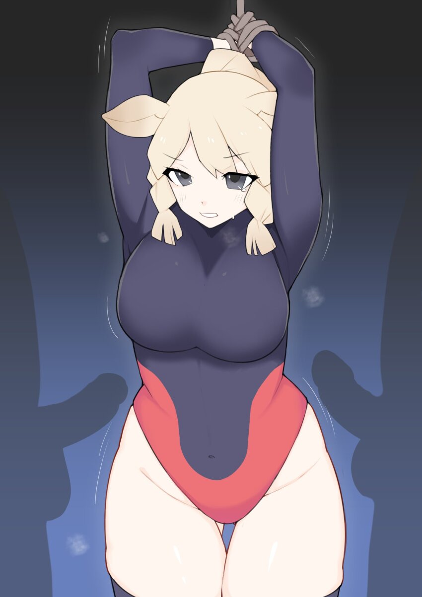 1girl 2boys animal_ears arms_up black_one-piece_swimsuit black_thighhighs blank_censor blonde_hair blush bound bound_wrists braid breasts censored commentary covered_navel cowboy_shot erection grey_eyes hetero highres illu_(illu_stratos) invisible_man kemono_friends large_breasts multiple_boys one-piece_swimsuit penis red_one-piece_swimsuit rhinoceros_ears rhinoceros_girl short_hair solo_focus swimsuit symbol-only_commentary thick_thighs thigh_gap thighhighs thighs twin_braids two-tone_one-piece_swimsuit white_rhinoceros_(kemono_friends)