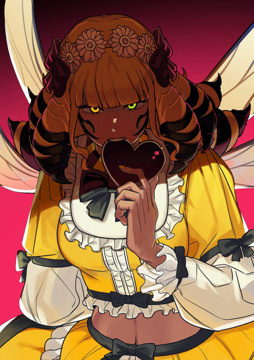 bee_wings biting black_bow black_bowtie blonde_hair bow bowtie crop_top drill_hair enullim final_fantasy final_fantasy_xiv flower_wreath frilled_sleeves frills glaring green_eyes hair_bow head_wreath heart heterochromia highres honey_b._lovely insect_wings looking_at_viewer shaded_face shirt skirt upper_body wings yellow_eyes yellow_shirt yellow_skirt