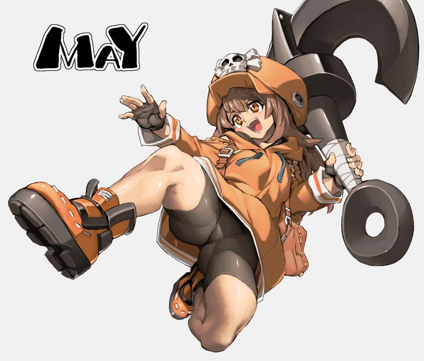 1girl anchor bike_shorts black_shorts boots character_name fingerless_gloves gloves grey_background guilty_gear guilty_gear_strive hat hat_ornament highres holding holding_anchor hood hoodie may_(guilty_gear) open_mouth orange_boots orange_hat orange_hoodie shorts simple_background skull_and_crossbones skull_hat_ornament solo teeth upper_teeth_only ysk!