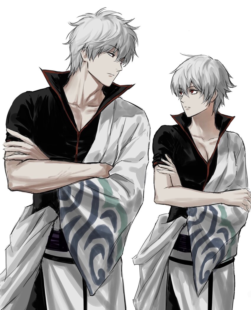1boy 1girl black_shirt breasts cleavage closed_mouth dual_persona genderswap genderswap_(mtf) gintama hadanugi_dousa highres japanese_clothes kimono looking_at_another male_focus medium_breasts open_kimono popped_collar red_eyes sakata_gintoki shirt short_hair simple_background sso_s upper_body white_background white_hair white_kimono