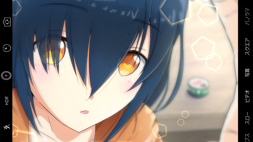 1girl 22/7 blue_hair blurry brown_eyes brown_hoodie close-up collarbone commentary_request dark_blue_hair depth_of_field fake_phone_screenshot fake_screenshot furoggu-gaburi hair_over_eyes highres hood hoodie lens_flare looking_at_viewer non-circular_lens_flare parted_lips selfie short_hair solo takigawa_miu