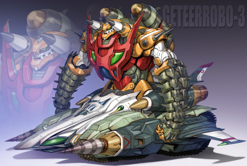 absurdres arms_at_sides caterpillar_tracks character_name clenched_hand commentary_request drill getter-3 getter_robo getter_robo_(classic) gradient_background green_eyes highres maeda_hiroyuki mecha mecha_focus no_humans projected_inset redesign robot science_fiction shadow shoulder_spikes spikes super_robot thrusters