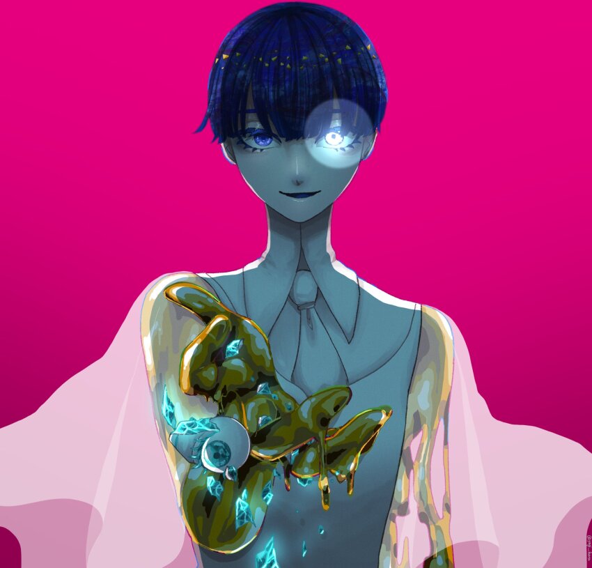 2others aqua_eyes ascot beckoning blue_eyes blue_hair bowl_cut colored_eyelashes dual_persona eyeball glowing glowing_eye golden_arms heterochromia highres houseki_no_kuni liquid melting moon_uniform_(houseki_no_kuni) multiple_others other_focus outstretched_arm parted_lips phosphophyllite phosphophyllite_(gemstone) phosphophyllite_(ll) pink_background reaching reaching_towards_viewer see-through_clothes see-through_sleeves shards short_hair short_sleeves simple_background smile solo_focus spoilers upper_body white_ascot white_eyes wide_sleeves yagi_hara