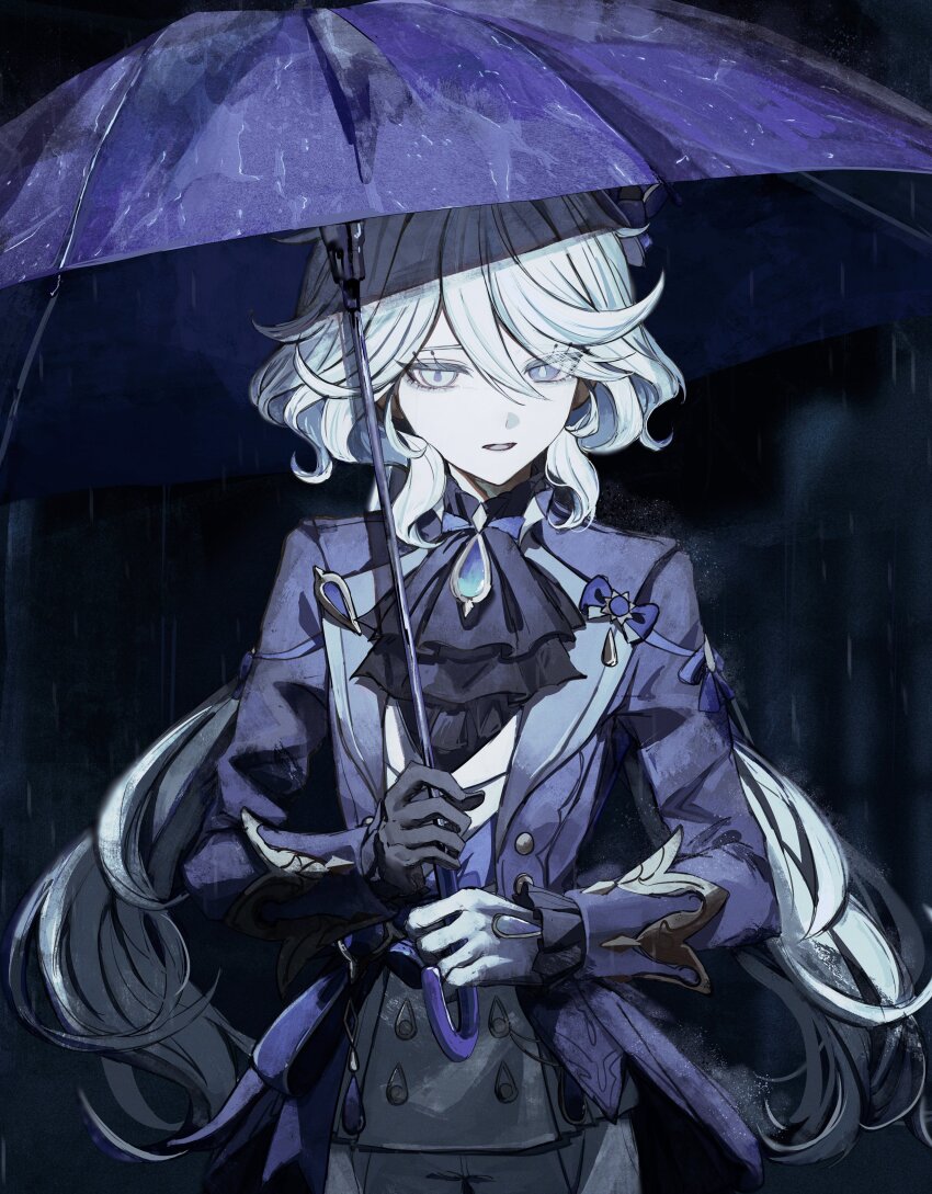 1girl absurdres ascot asymmetrical_gloves black_ascot black_background blue_gemstone blue_jacket blue_umbrella commentary_request furina_(genshin_impact) gem genshin_impact gloves hair_between_eyes heterochromia highres holding holding_umbrella jacket koumimi long_hair looking_at_viewer medium_hair mismatched_gloves open_mouth ouji_fashion rain solo umbrella upper_body wavy_hair white_hair