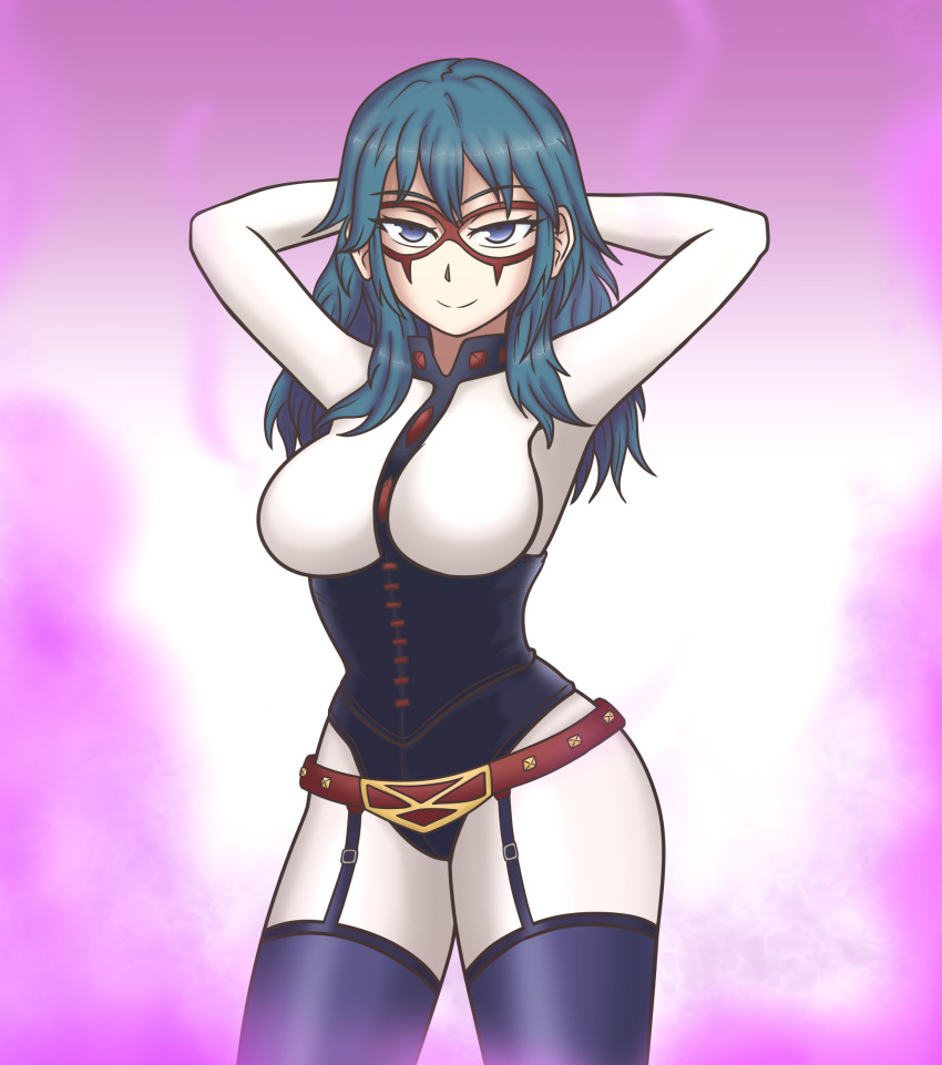 1girl absurdres arms_behind_head arms_up blue_eyes blue_hair boku_no_hero_academia breasts cosplay domino_mask eye_mask female_byleth_(fire_emblem) female_focus fire_emblem fire_emblem:_three_houses garter_belt garter_straps hayato_stuff highres large_breasts long_hair looking_at_viewer mask midnight_(boku_no_hero_academia) midnight_(boku_no_hero_academia)_(cosplay) nintendo pink_background solo