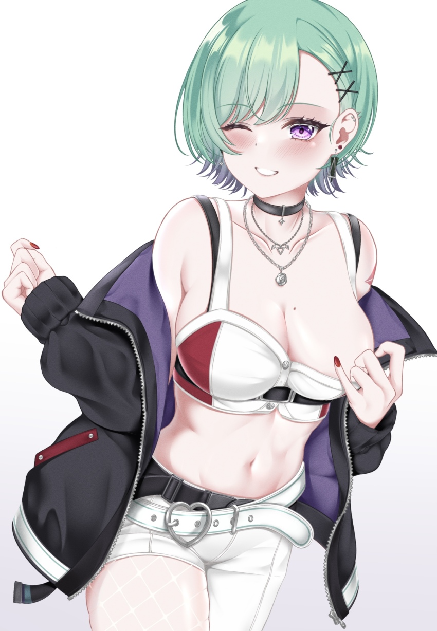 1girl ;) asymmetrical_clothes asymmetrical_pants bare_shoulders belt black_jacket breasts chest_belt clothes_pull crop_top earrings green_hair grin hair_behind_ear highres jacket jewelry large_breasts lipstick_mark_tattoo looking_at_viewer loose_belt midriff mole mole_on_breast multiple_necklaces nakume_(harisenbon968) navel necklace off_shoulder one_eye_closed pants purple_eyes purple_jacket red_bustier red_nails short_hair shoulder_tattoo simple_background single_pantsleg smile solo stomach tattoo triangle_earrings two-sided_fabric two-sided_jacket two-tone_bustier virtual_youtuber vspo! white_background white_belt white_bustier white_pants yakumo_beni yakumo_beni_(4th_costume)