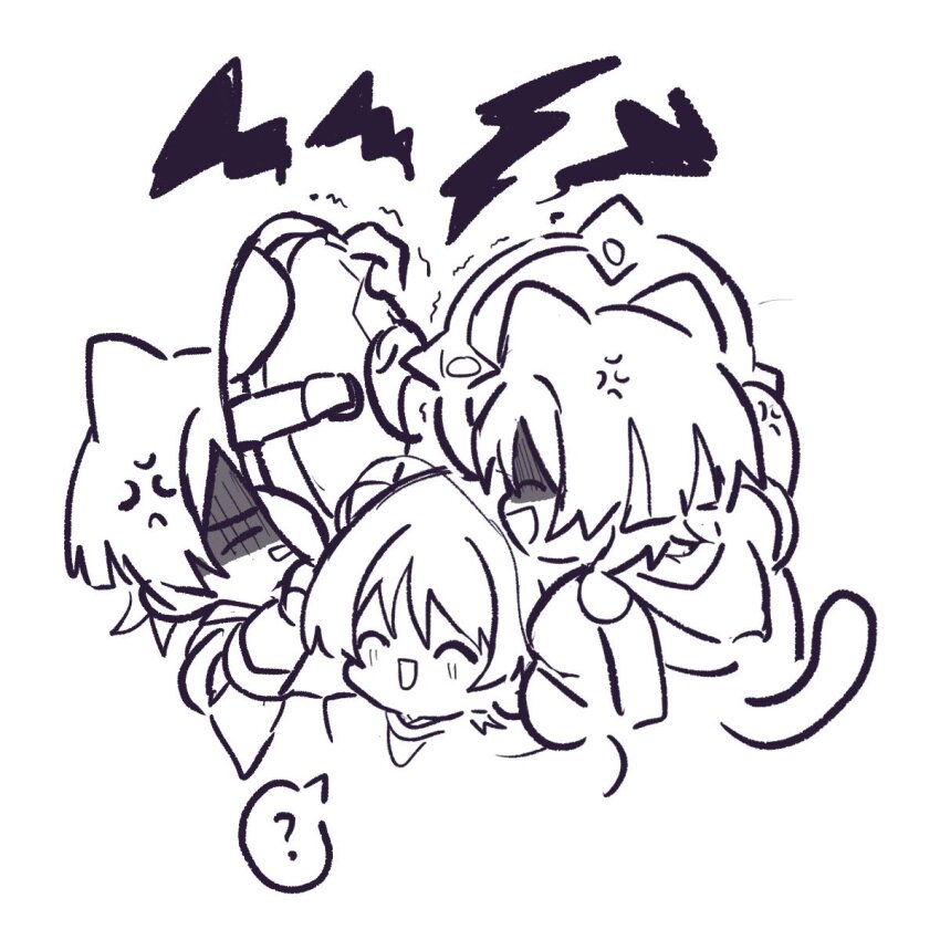 3boys ? anger_vein animal_ears annoyed armor blunt_ends cape cat_boy cat_ears cat_tail closed_eyes facing_another facing_to_the_side genshin_impact greyscale halo hat highres japanese_armor jingasa kote light_blush magic_circle monochrome multiple_boys multiple_persona open_mouth scaramouche_(genshin_impact) scaramouche_(kabukimono)_(genshin_impact) shaded_face shielding sketch spoken_question_mark tail tempurian unworn_hat unworn_headwear wanderer_(genshin_impact) white_background