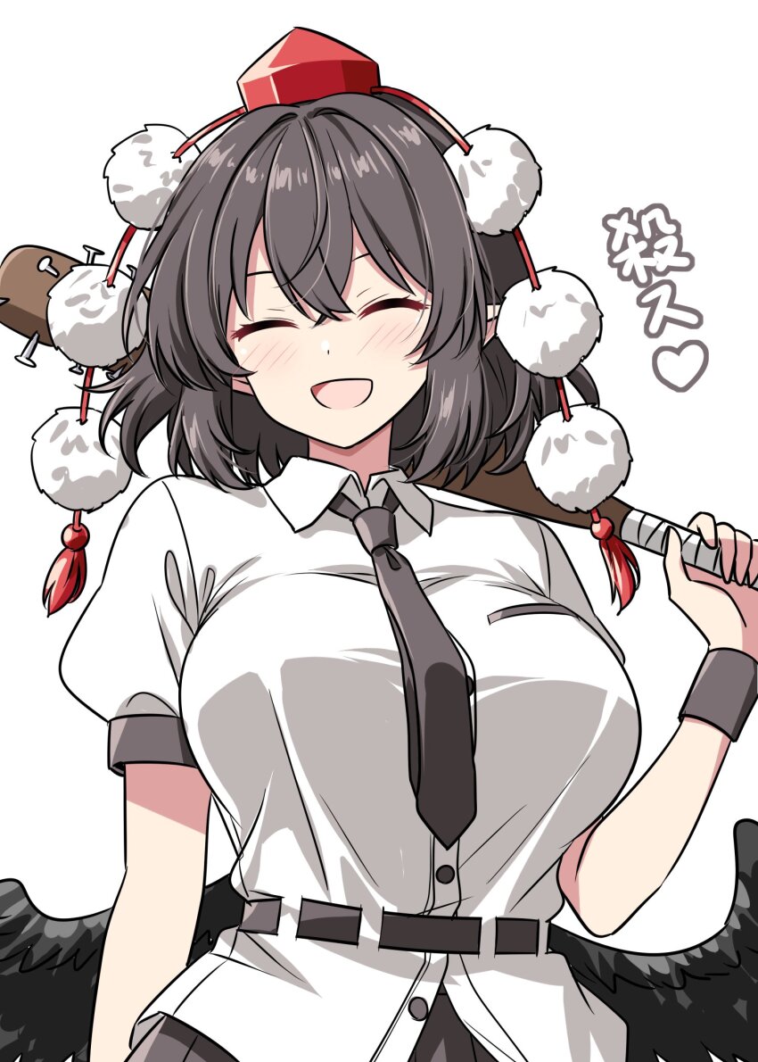 1girl baseball_bat bird_wings black_wings blush breasts brown_hair closed_eyes collared_shirt commentary_request facing_viewer false_smile hat heart highres holding holding_baseball_bat large_breasts medium_hair nail_(hardware) nail_bat open_mouth pointy_ears pom_pom_(clothes) puffy_short_sleeves puffy_sleeves red_hat rise_(rise19851203) shameimaru_aya shirt short_sleeves simple_background smile solo tokin_hat touhou translated white_background white_shirt wings