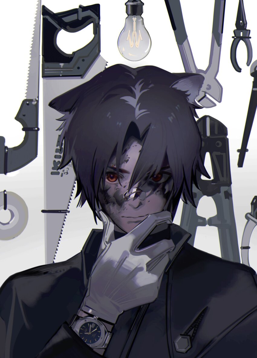 1boy animal_ears arknights bandaid bandaid_on_face bandaid_on_nose black_hair black_shirt closed_mouth dirty dirty_face dog_boy dog_ears gloves hand_on_own_chin hand_up highres light_bulb long_sleeves looking_at_viewer male_focus nineo orange_eyes saw shirt short_hair smile solo stroking_own_chin v-shaped_eyebrows watch white_background white_gloves windflit_(arknights) wire_cutters wristwatch