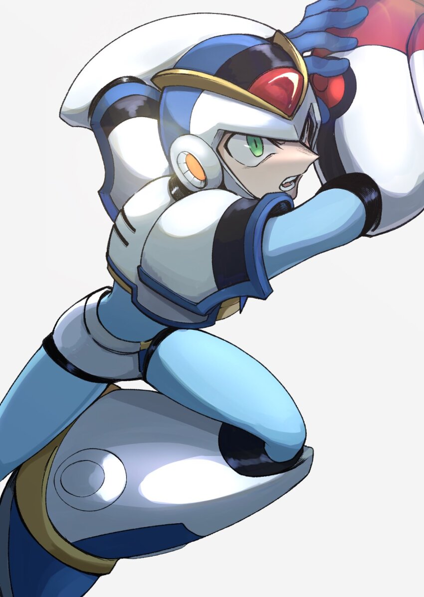 1boy android armor first_armor_x_(mega_man) forehead_jewel green_eyes helmet highres ktmckpp male_focus mega_man_(series) mega_man_x1 mega_man_x_(series) simple_background solo white_armor white_background white_helmet x_(mega_man)