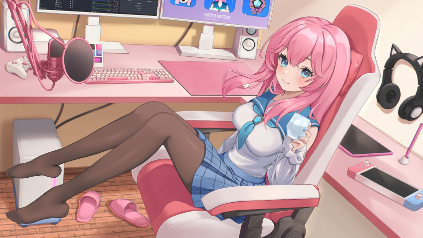 1girl absurdres animal_ear_headphones animal_ears aqua_neckerchief arm_at_side black_pantyhose blue_eyes blue_nails blue_sailor_collar blue_skirt blush breasts cat_ear_headphones chair checkered_clothes checkered_skirt commentary_request computer computer_keyboard computer_mouse controller cup detached_sleeves drawing_tablet drinking_glass english_text fake_animal_ears floating_hair floor from_side full_body game_controller gaming_chair hanazawa_ma hand_up handheld_game_console headphones highres holding holding_cup indie_virtual_youtuber indoors legs_up light_particles light_smile long_hair long_sleeves looking_at_viewer medium_breasts microphone minamich miniskirt monitor mousepad_(object) neckerchief no_shoes on_chair open_broadcaster_software pantyhose pink_hair pink_slippers pink_theme pop_filter romaji_commentary sailor_collar second-party_source shirt sitting skirt sleeves_past_wrists slippers solo speaker straight_hair stream_deck stylus swivel_chair table white_shirt white_sleeves wireless_game_controller wireless_keyboard wireless_mouse wooden_floor