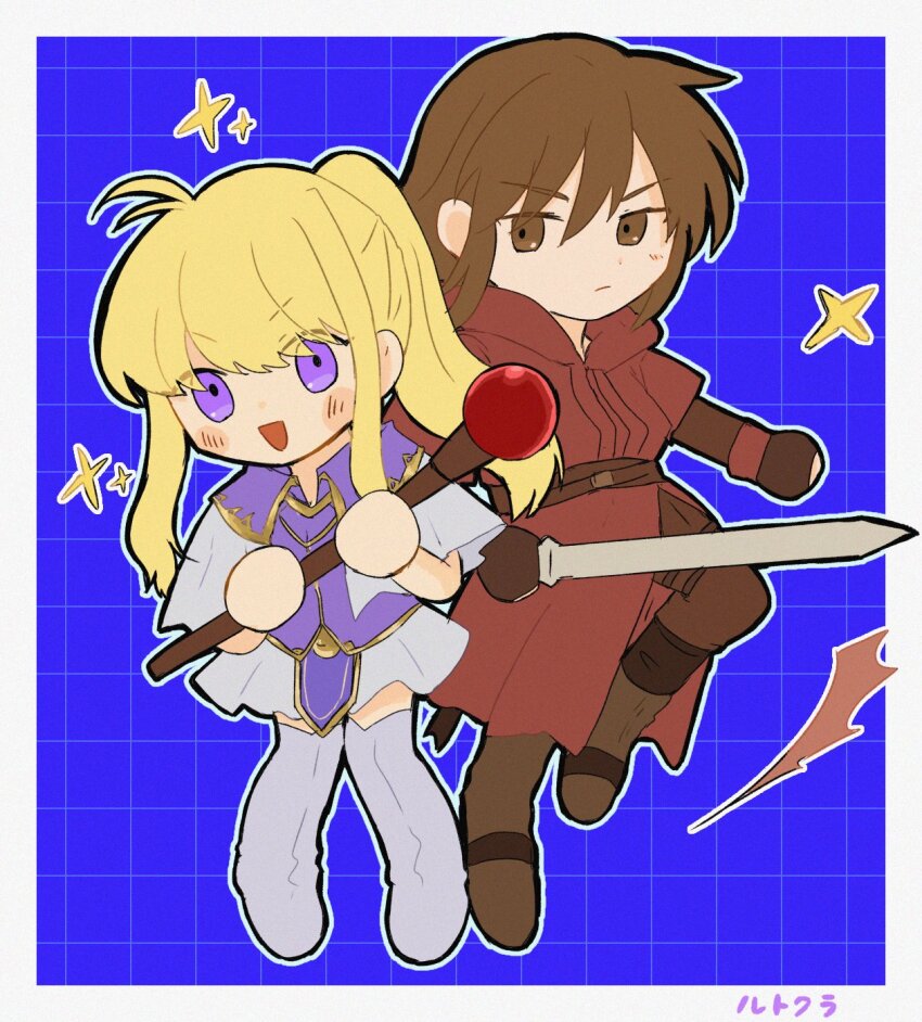 1boy 1girl :d blonde_hair boots border brown_eyes brown_hair chibi chibi_only clarine_(fire_emblem) closed_mouth dress fire_emblem fire_emblem:_the_binding_blade grid_background hair_between_eyes highres holding holding_staff holding_sword holding_weapon ichgomi long_hair looking_at_viewer nintendo open_mouth outside_border ponytail protected_link purple_eyes rutger_(fire_emblem) smile staff sword thigh_boots weapon white_boots white_border