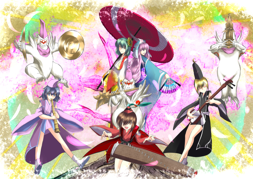 5girls biwa_lute blonde_hair blue_hair brown_eyes brown_hair closed_eyes crossover cymbals flute green_hair hanagami hand_fan hat highres instrument japanese_clothes kazami_yuuka kimono koto_(instrument) long_hair lunasa_prismriver lute_(instrument) lyrica_prismriver medium_hair merlin_prismriver monkey multiple_girls music nonbiri-silver one_eye_closed ookami_(game) open_mouth petals pink_eyes pink_hair playing_instrument saigyou_ayakashi saigyouji_yuyuko shoes smile touhou tree triangular_headpiece umbrella