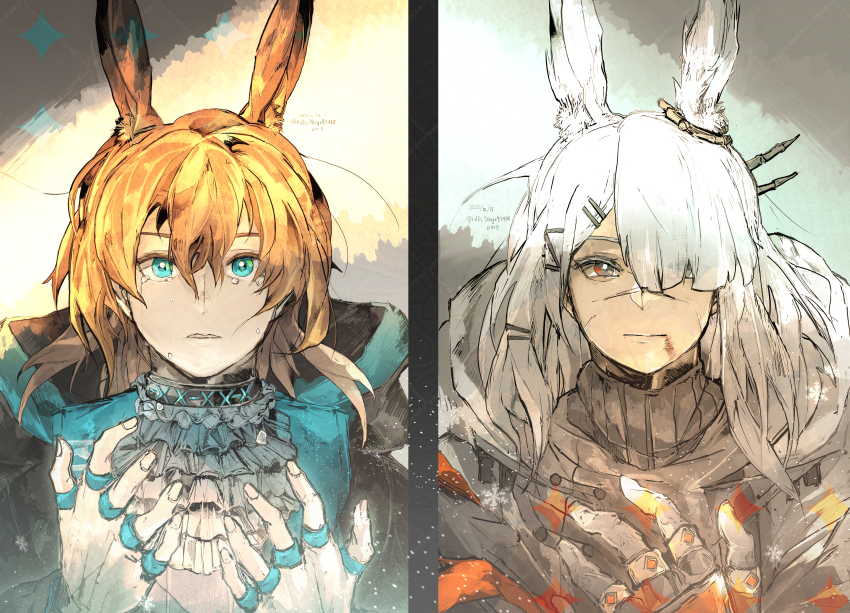 2025 2girls absurdres amiya_(arknights) aqua_eyes arknights ascot blood brown_hair dated frostnova_(arknights) hair_ornament hairclip hand_up hands_up highres infection_monitor_(arknights) jewelry multiple_girls multiple_rings parted_lips rabbit_girl ring rokunose tearing_up twitter_username white_ascot white_hair