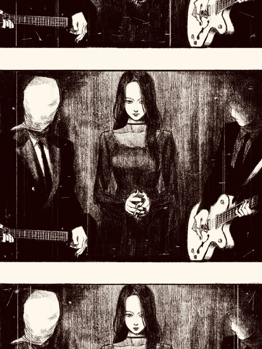 1girl 2boys black_dress black_hair black_jacket blazer business_suit collared_shirt dress film_reel formal_clothes greyscale highres jacket long_hair mask monochrome multiple_boys necktie original sack shirt suit tp_p_pt white_shirt