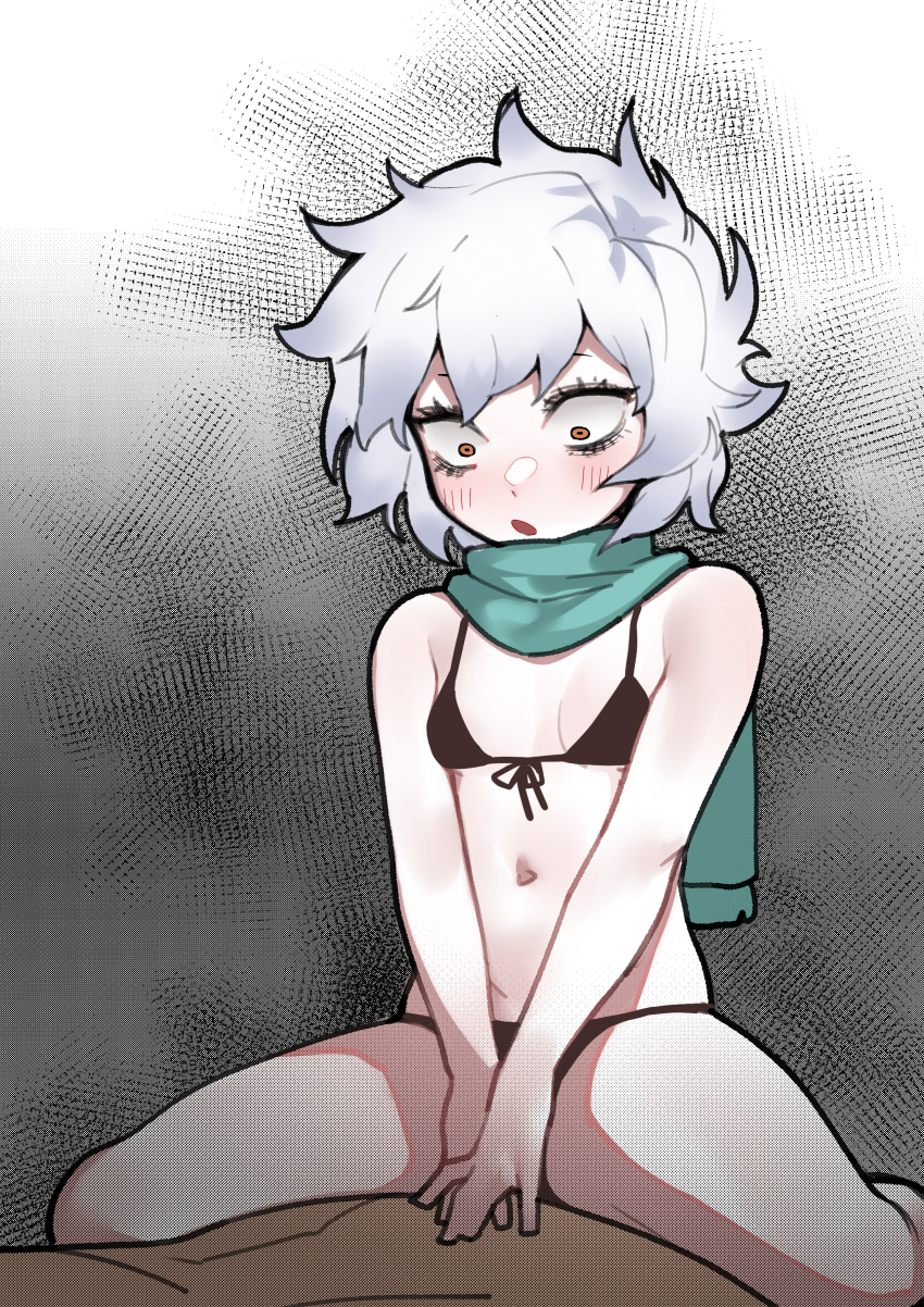 1boy 1girl absurdres bikini black_bikini blush constricted_pupils front-tie_bikini_top front-tie_top green_scarf grey_hair highres let&#039;s_go_kaikigumi looking_down mechako_(let&#039;s_go_kaikigumi) messy_hair moire navel red_eyes sangobob sanpaku scarf short_hair sitting sitting_on_person solo_focus straddling string_bikini swimsuit