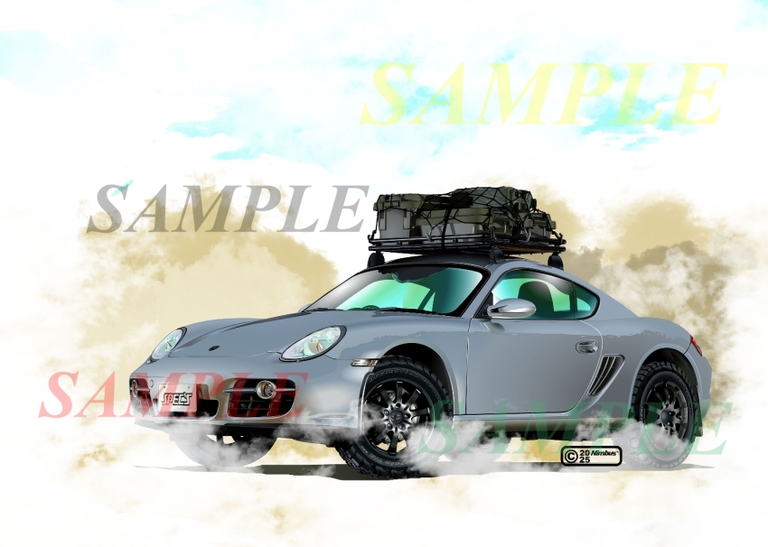 2025 artist_name blue_sky car cloud cloudy_sky commentary_request copyright_notice crate dirt dust license_plate logo motor_vehicle net nimbus_goldbrum no_humans original outdoors porsche porsche_cayman product_placement sample_watermark simple_background sky sports_car vehicle_focus watermark white_background