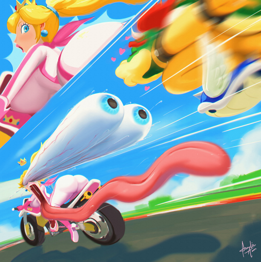 1boy 1girl acrylictoon ass blonde_hair blue_shell_(mario) bodysuit bowser breasts crown day flying gloves heart highres horns huge_breasts looking_at_another mario_(series) mario_kart motor_vehicle motorcycle nintendo princess_peach red_hair riding screaming spoken_heart surprised tongue tongue_out