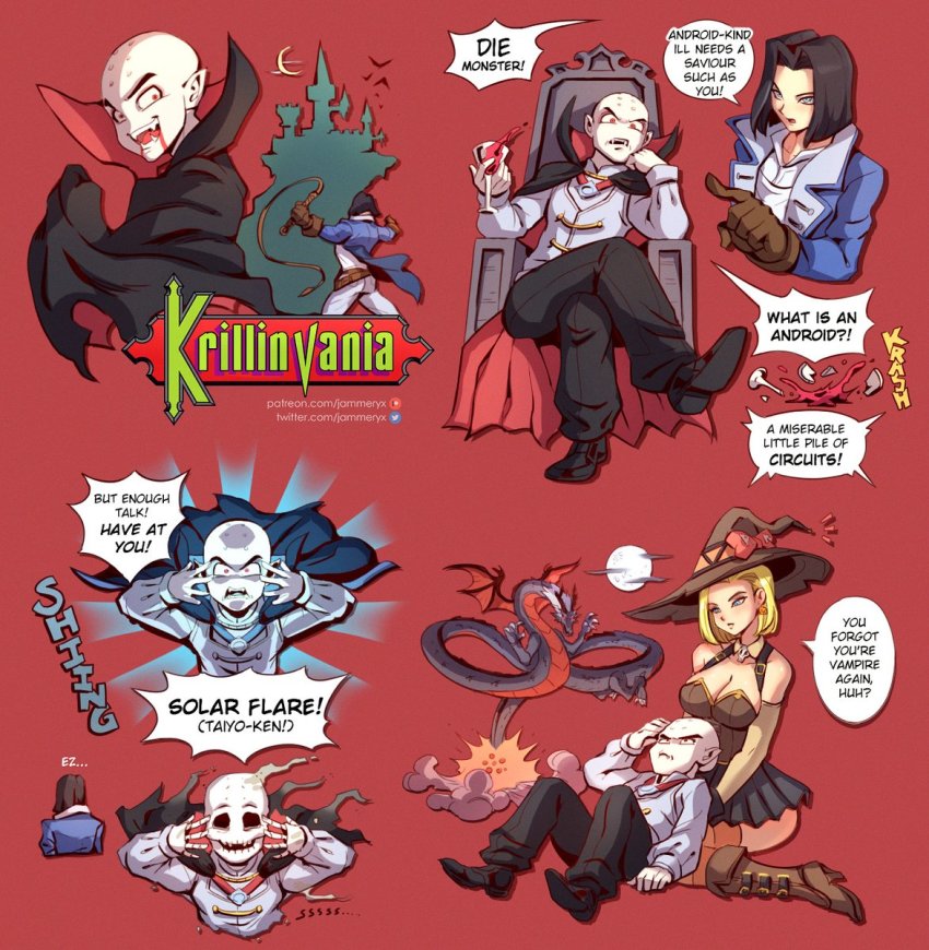 1girl 2boys android_17 android_18 bald black_hair blonde_hair blood blood_from_mouth blue_eyes boots breasts broken_glass brown_footwear brown_gloves castlevania:_symphony_of_the_night castlevania_(series) chair cleavage cosplay crescent_moon crossed_legs cup detached_collar dracula_(castlevania) dracula_(castlevania)_(cosplay) dragon_ball dragonball_z drinking_glass english_text evil_smile fangs full_moon glass gloves hat highres jammeryx kuririn large_breasts logo_parody miniskirt moon multiple_boys open_mouth pleated_skirt pointing pointy_ears red_eyes richter_belmont richter_belmont_(cosplay) shenron_(dragon_ball) sitting skeleton skirt smile speech_bubble taiyouken vampire watermark web_address whip wine_glass witch_hat