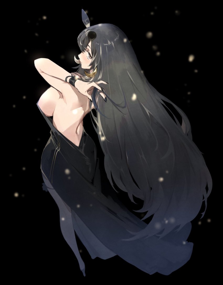 1girl adjusting_hair alchemy_stars back backboob bare_back black_dress black_hair black_leggings black_nails breasts brown_eyes closed_mouth crescent crescent_earrings dress earrings high_heels highres horns huan_shi_tian_tong jewelry large_breasts leggings long_dress long_hair looking_at_viewer looking_back nail_polish sariel_(alchemy_stars) sideboob simple_background solo thigh_strap very_long_hair