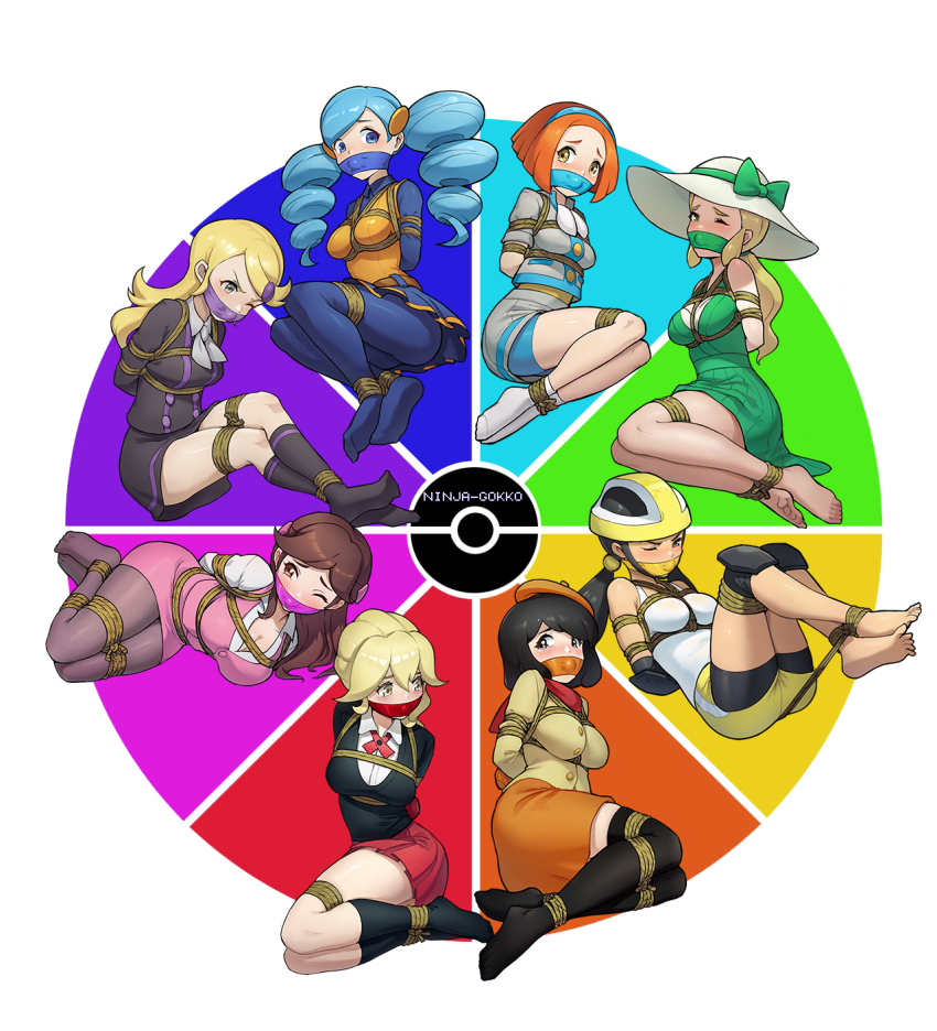 6+girls ace_trainer_(pokemon) barefoot bdsm beret black_hair black_socks black_sweater black_thighhighs blonde_hair blue_hair blue_hairband blue_pantyhose bondage bound breasts brown_hair buttons chinese_commentary cleavage collared_shirt color_wheel_challenge commentary_request creatures_(company) dress gag gagged game_freak green_dress hair_ornament hairband hairclip hat helmet highres improvised_gag knee_pads knees lady_(pokemon) lass_(pokemon) long_hair multiple_drawing_challenge multiple_girls ninja-gokko nintendo office_worker_(pokemon) one_eye_closed orange_hair orange_hat orange_skirt orange_vest pantyhose pink_dress pleated_skirt pokemon pokemon_bw pokemon_oras pokemon_xy red_skirt rising_star_(pokemon) roller_skater_(pokemon) shibari shirt skirt socks sweater swept_bangs tape tape_gag thighhighs toes tourist_(pokemon) twintails vest white_hat white_shirt white_socks yellow_helmet