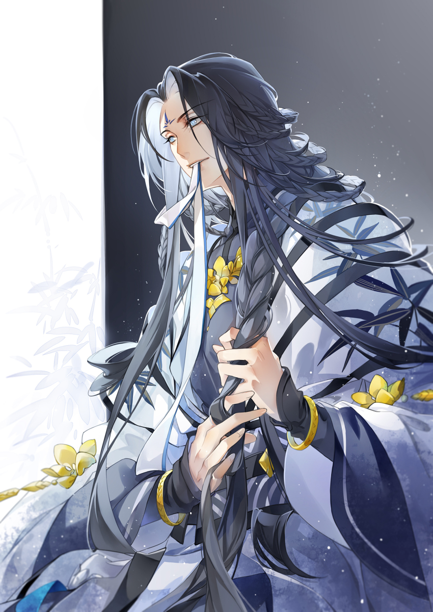 1boy bangle black_background black_hair black_sash black_shirt blue_eyes bracelet braid braiding_hair chinese_clothes chinese_commentary chuyi_flower_cake_(the_tale_of_food) colored_inner_hair commentary_request eyelashes facial_mark flower forehead_mark hairdressing hands_up hanfu highres jewelry layered_sleeves light_particles long_hair long_sleeves luo_kong male_focus mandarin_collar mouth_hold multicolored_hair multiple_braids necklace parted_bangs parted_lips ribbon robe sash shirt side_braid sidelocks simple_background sleeves_past_wrists solo teeth the_tale_of_food two-tone_background two-tone_hair very_long_hair white_background white_hair white_ribbon white_robe wide_sleeves yellow_flower