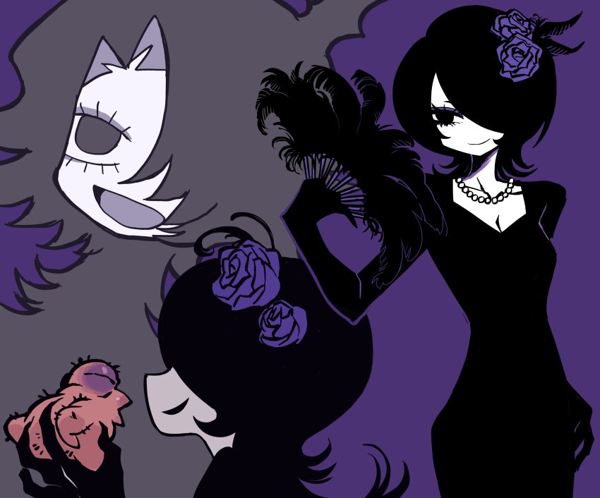 1girl absurdres animal baby_animal bird black_dress black_eyes black_hair chick commentary_request dress fanning_self feather_fan flower hair_flower hair_ornament hair_over_one_eye hand_fan highres holding holding_animal holding_fan horns kakke666 korean_commentary long_sleeves multiple_views original pencil_dress purple_background purple_flower short_hair simple_background