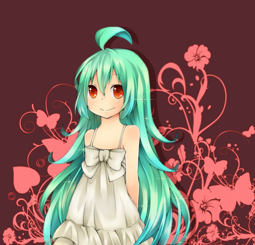 1girl ahoge arms_behind_back blush bow closed_mouth commentary_request cowboy_shot dress flat_chest floral_background green_hair lif_(ragnarok_online) long_hair looking_at_viewer meiko_(nattu303) orange_eyes ragnarok_online red_background smile solo sundress very_long_hair white_bow white_dress