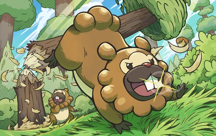 bidoof black_sclera blue_sky brown_fur buck_teeth bush cloud colored_sclera commentary_request gen_4_pokemon grass nintendo no_humans pokemon pokemon_(creature) q-chan red_nose sky teeth tree