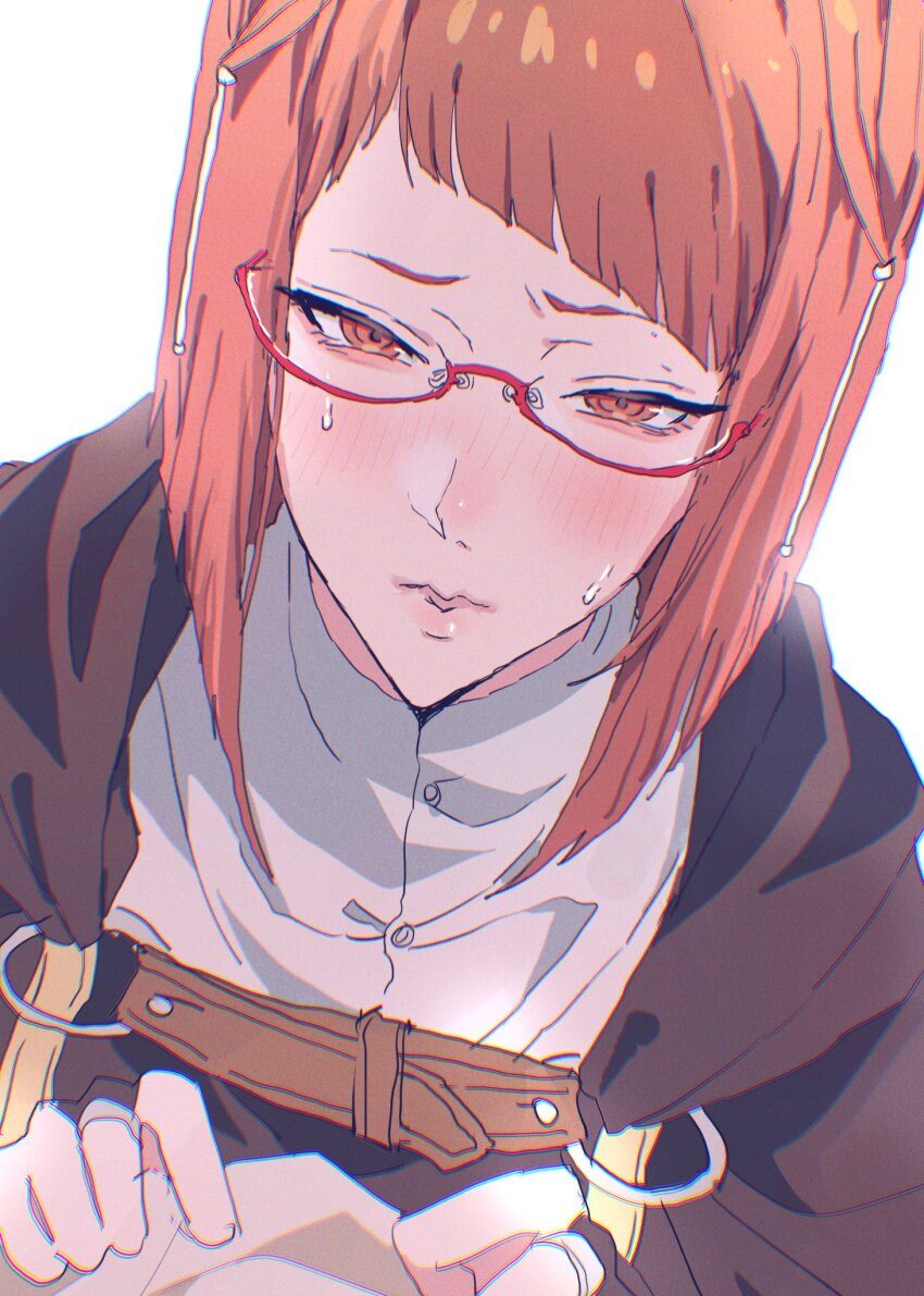 1girl blush diagonal_bangs fire_emblem fire_emblem_awakening glasses hair_tubes highres miriel_(fire_emblem) nintendo portrait red-framed_eyewear red_eyes red_hair short_hair sweat tsujii_luki